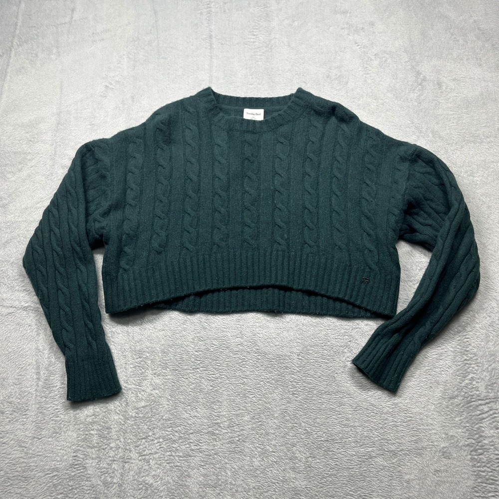 Sunday Best Sweater Women Green Cable Knit Cropped Crew Neck Long Sleeve XS